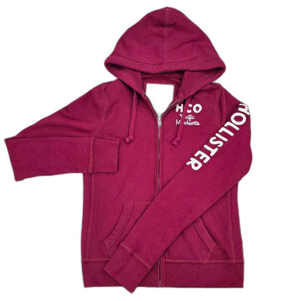 Hollister HCO Pacific Merchants Hoodie Women M Burgundy Y2K Full Zip Logo - Picture 2 of 14